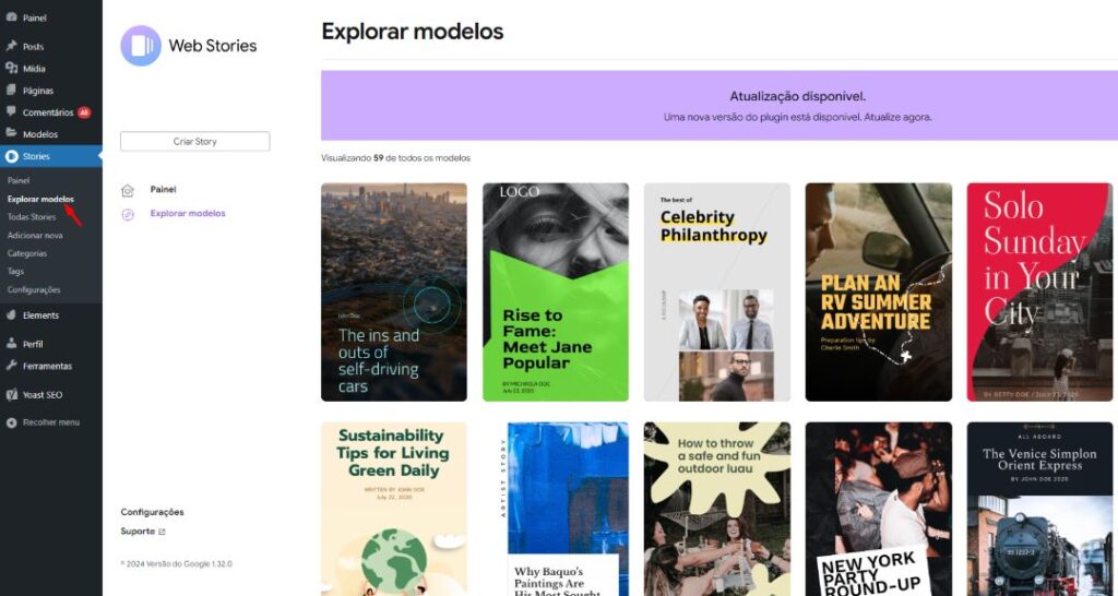 Print de tela mostrando como usar os modelos de web stories.